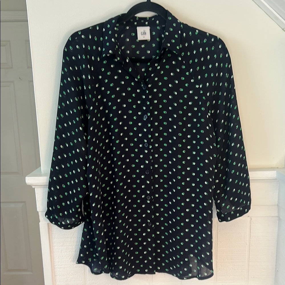Cabi Style 5019 3/4 Sleeve Navy & Green Pattern Button Up Blouse Women’s XS